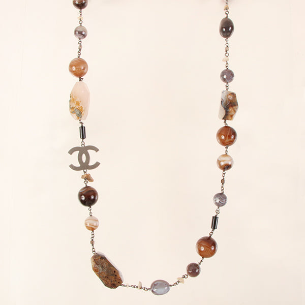 CHANEL 2010 Made Cc Mark Stone Long Necklace Brown/Multi