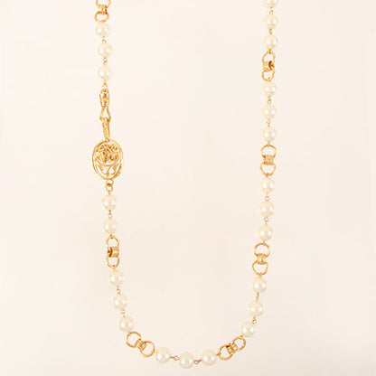 CHANEL Oval Cc Mark Plate Pearl Chain Long Necklace