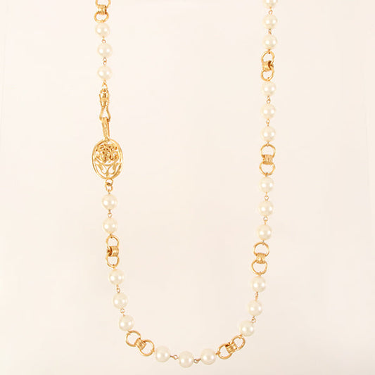 CHANEL Oval Cc Mark Plate Pearl Chain Long Necklace