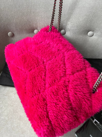 Yves Saint Laurent (YSL) Small Puffer in Pink Shearling with Silver Hardware