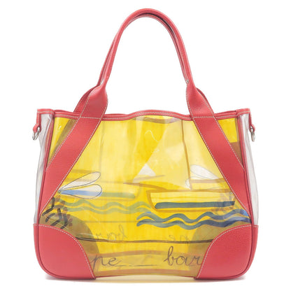 Prada Vinyl Leather Print Tote Bag Beach Bag Clear Red