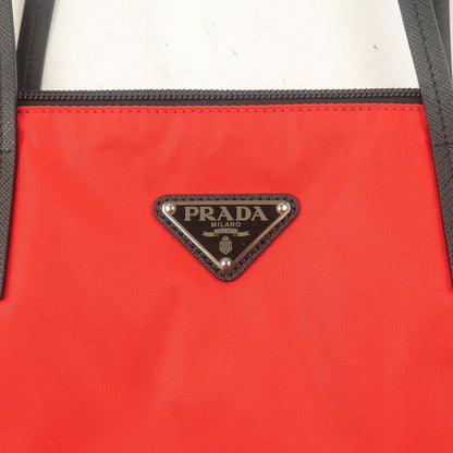 Prada Nylon Leather Tote Bag Red NERO Black 1BY300