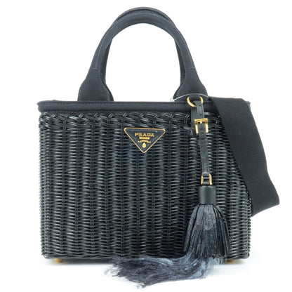 Prada Wicker Canvas 2Way Basket Bag Hand Bag Nero Black 1BG835