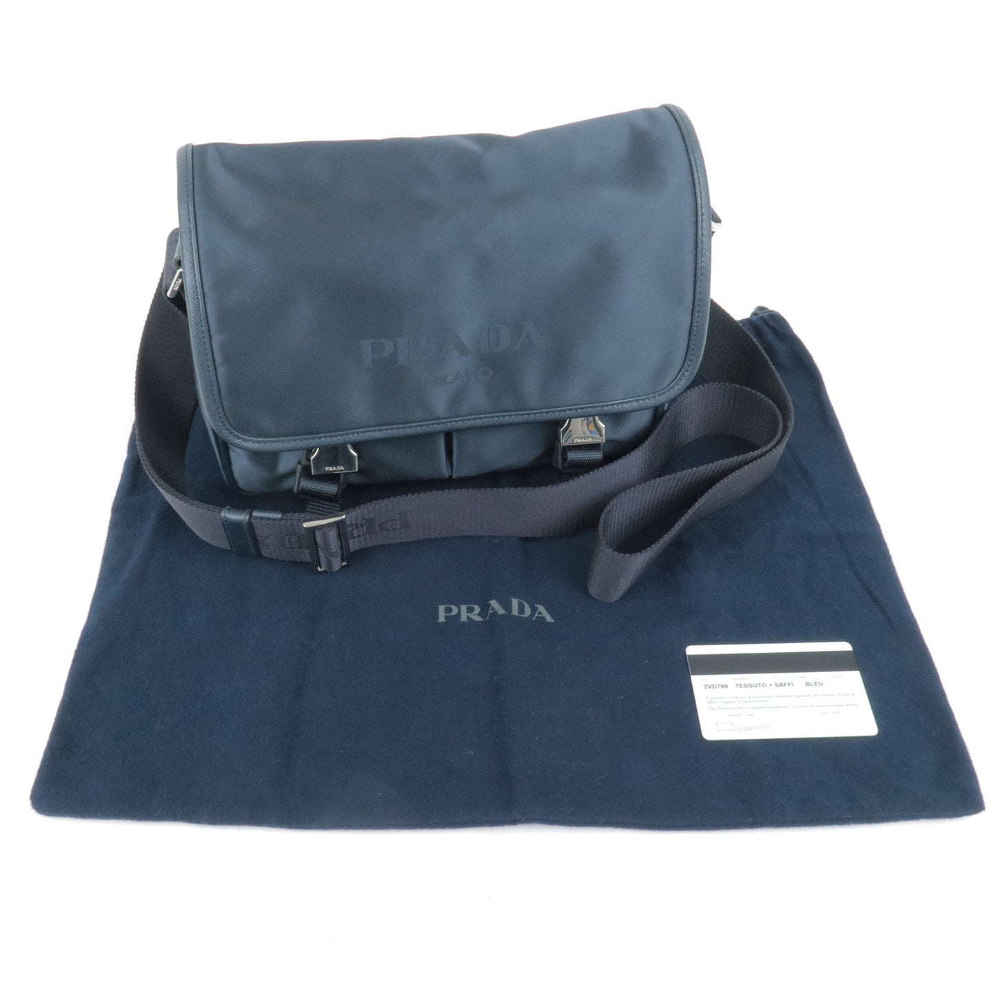 Prada Logo Nylon Leather Shoulder Bag Navy Bleu 2VD769