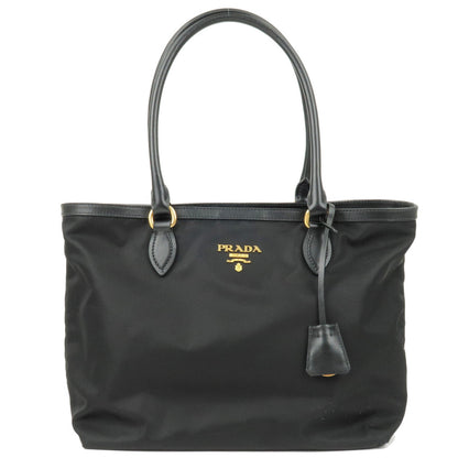 Prada Logo Nylon Leather Tote Bag Hand Bag NERO Black 1BG159