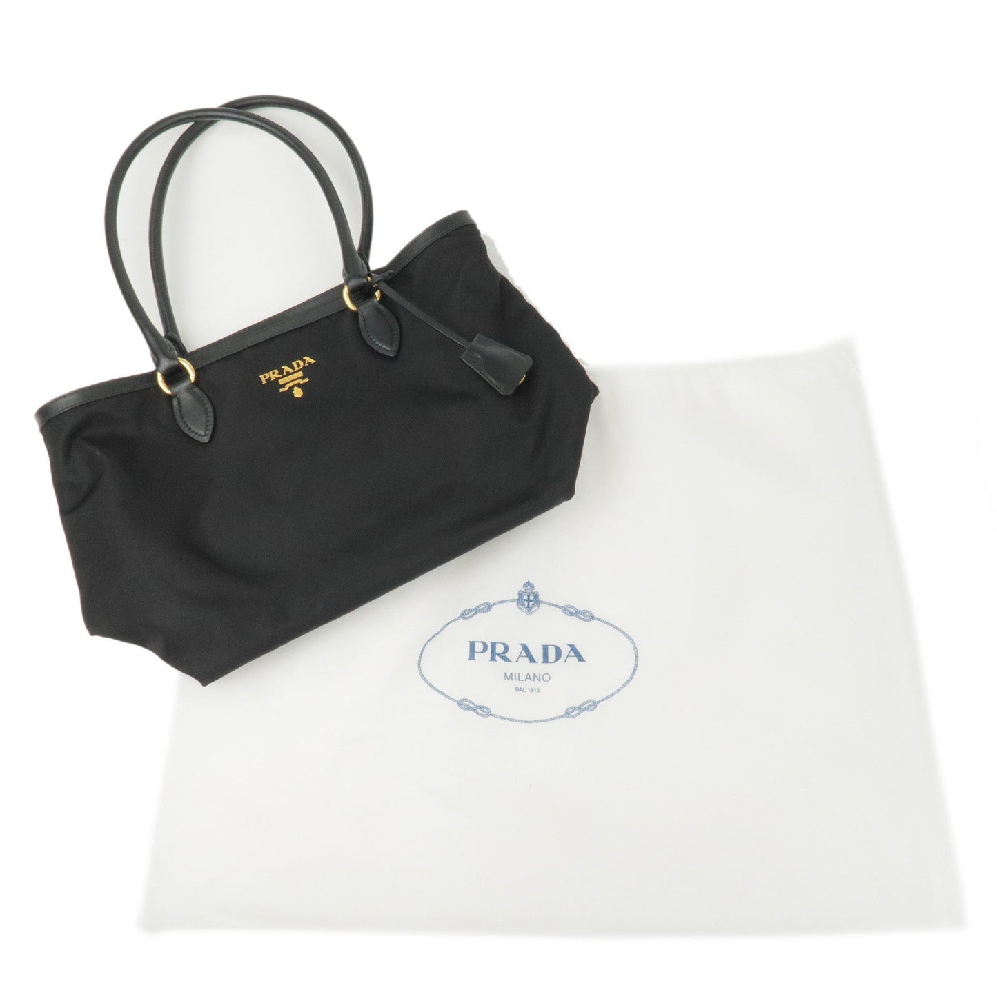 Prada Logo Nylon Leather Tote Bag Hand Bag NERO Black 1BG159