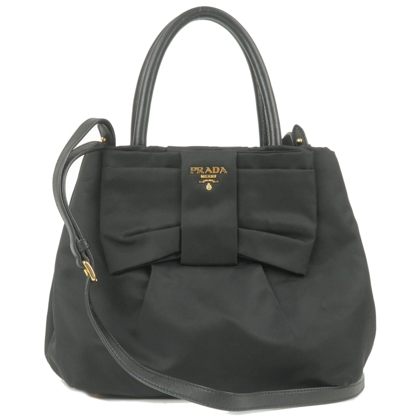 Prada Logo Nylon Leather Ribbon 2Way Bag NERO Black BN1604