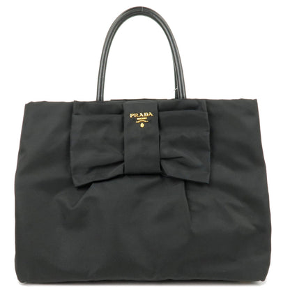 Prada Logo Nylon Leather Ribbon Tote Bag Black NERO BN1601