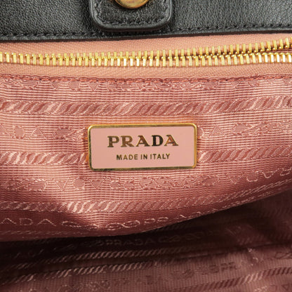 Prada Logo Nylon Leather Ribbon Tote Bag Black NERO BN1601