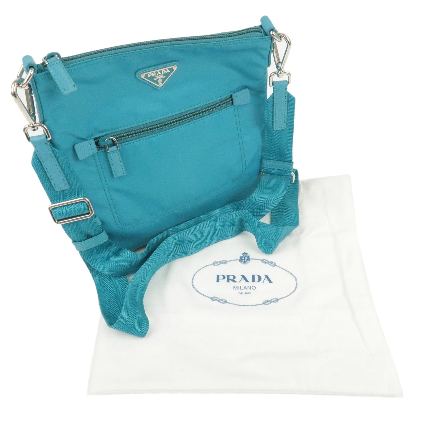 Prada Logo Nylon Leather Shoulder Bag Turquoise Blue BT0716