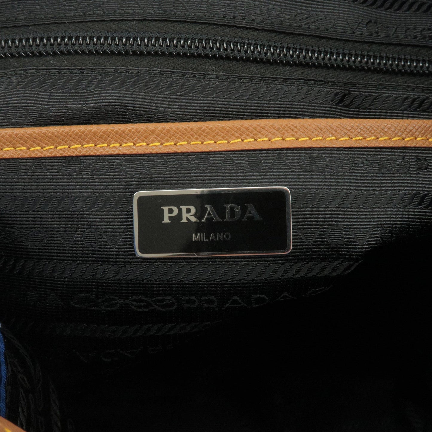 Prada Logo Nylon Leather Ruck Sack Back Pack Bag Blue Brown 1BZ064