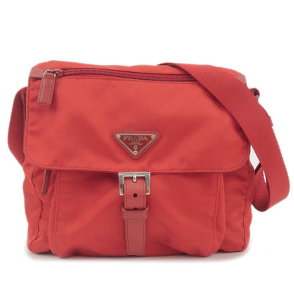 Prada Logo Nylon Leather Shoulder Bag Cross Body Bag Red