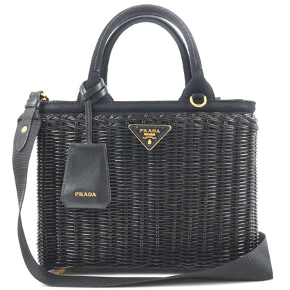 Prada Wicker Canvas 2Way Basket Bag Hand Bag Black 1BG835