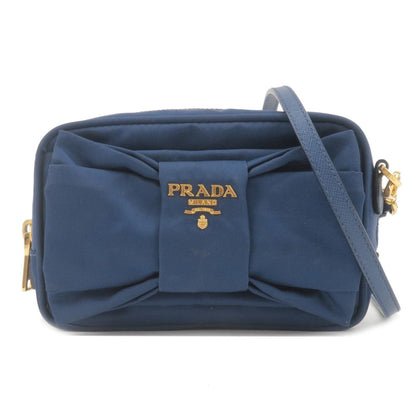 Prada Logo Nylon Leather Ribbon Shoulder Bag Navy 1NF727