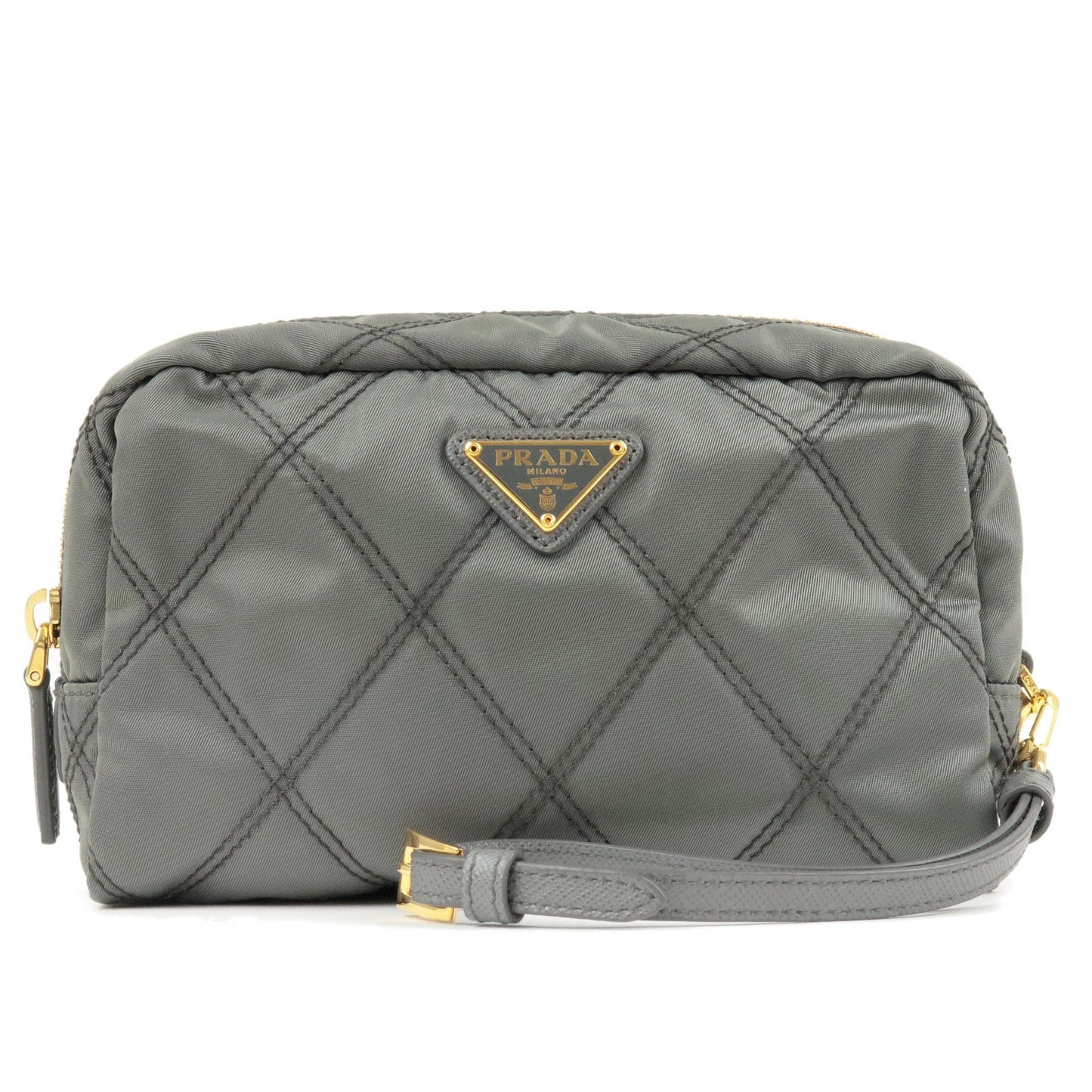 Prada Nylon Leather Quilting Pouch Clutch Bag Gray 1NE005