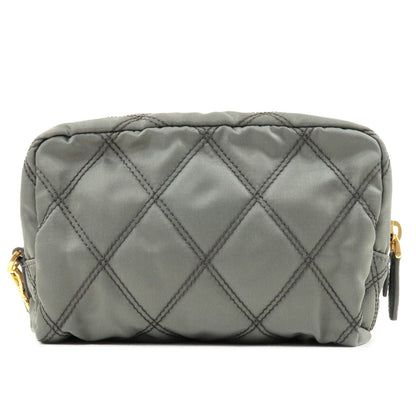 Prada Nylon Leather Quilting Pouch Clutch Bag Gray 1NE005