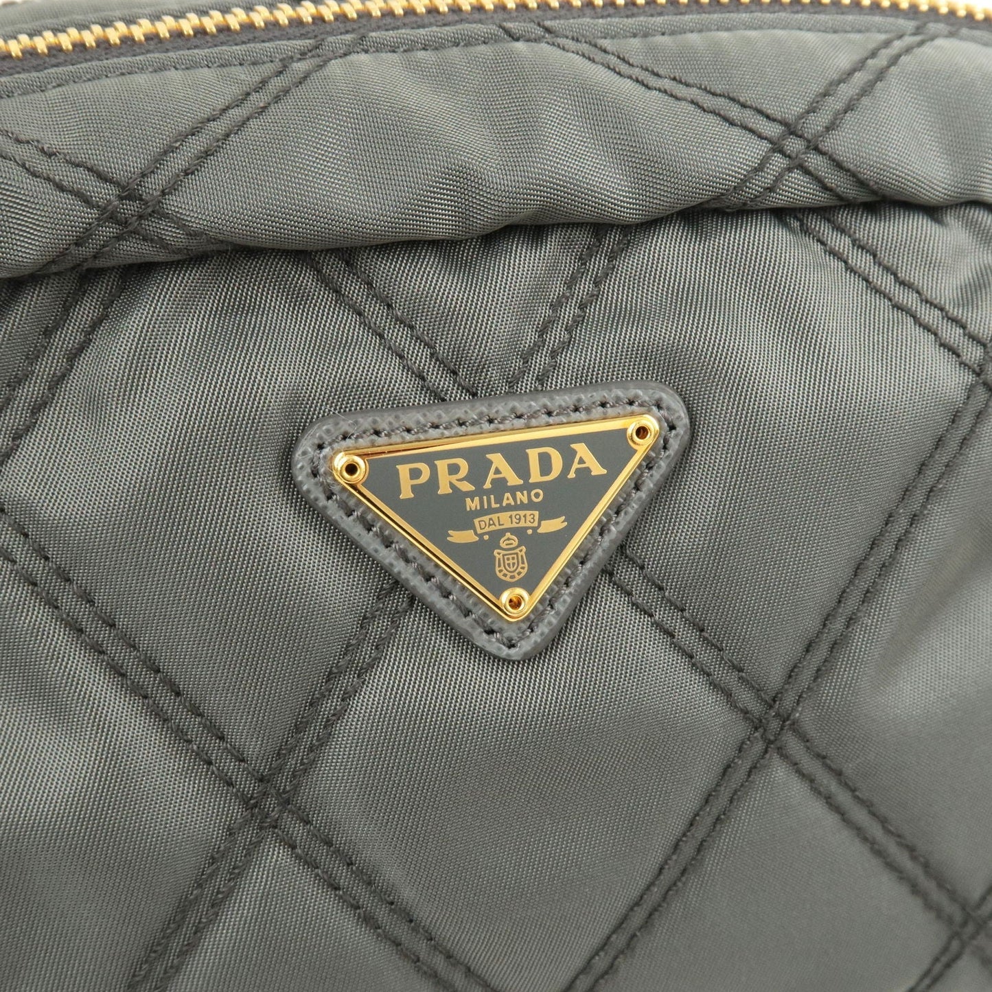 Prada Nylon Leather Quilting Pouch Clutch Bag Gray 1NE005