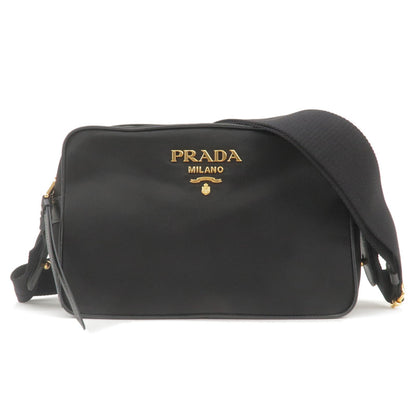 Prada Logo Nylon Leather Shoulder Bag NERO Black Gold 1BH089