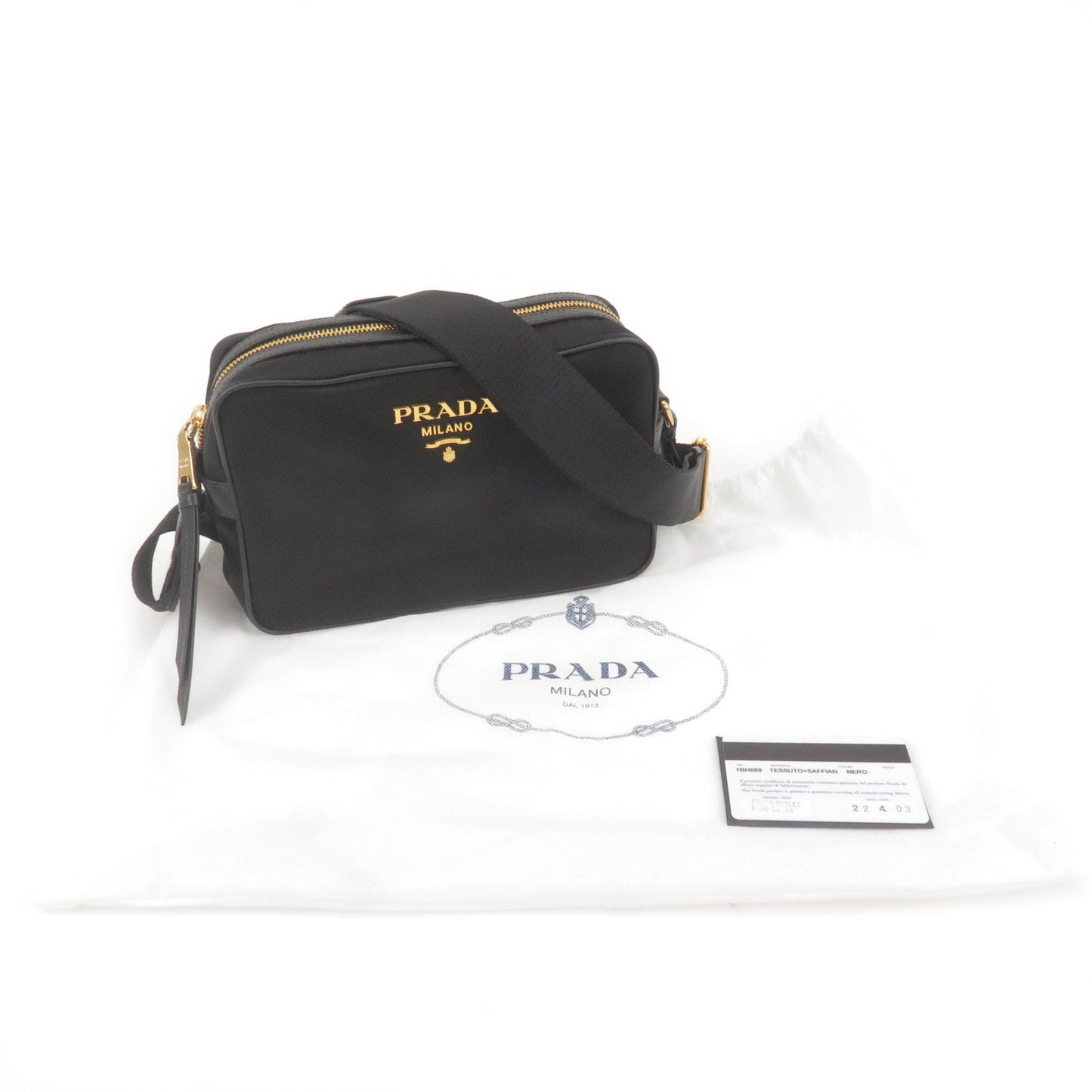 Prada Logo Nylon Leather Shoulder Bag NERO Black Gold 1BH089