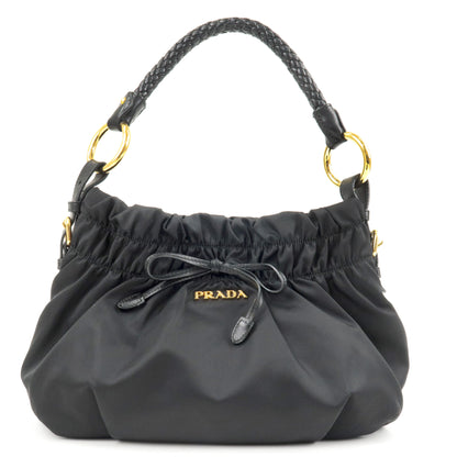 Prada Logo Nylon Leather Shoulder Bag Hand Bag NERO Black