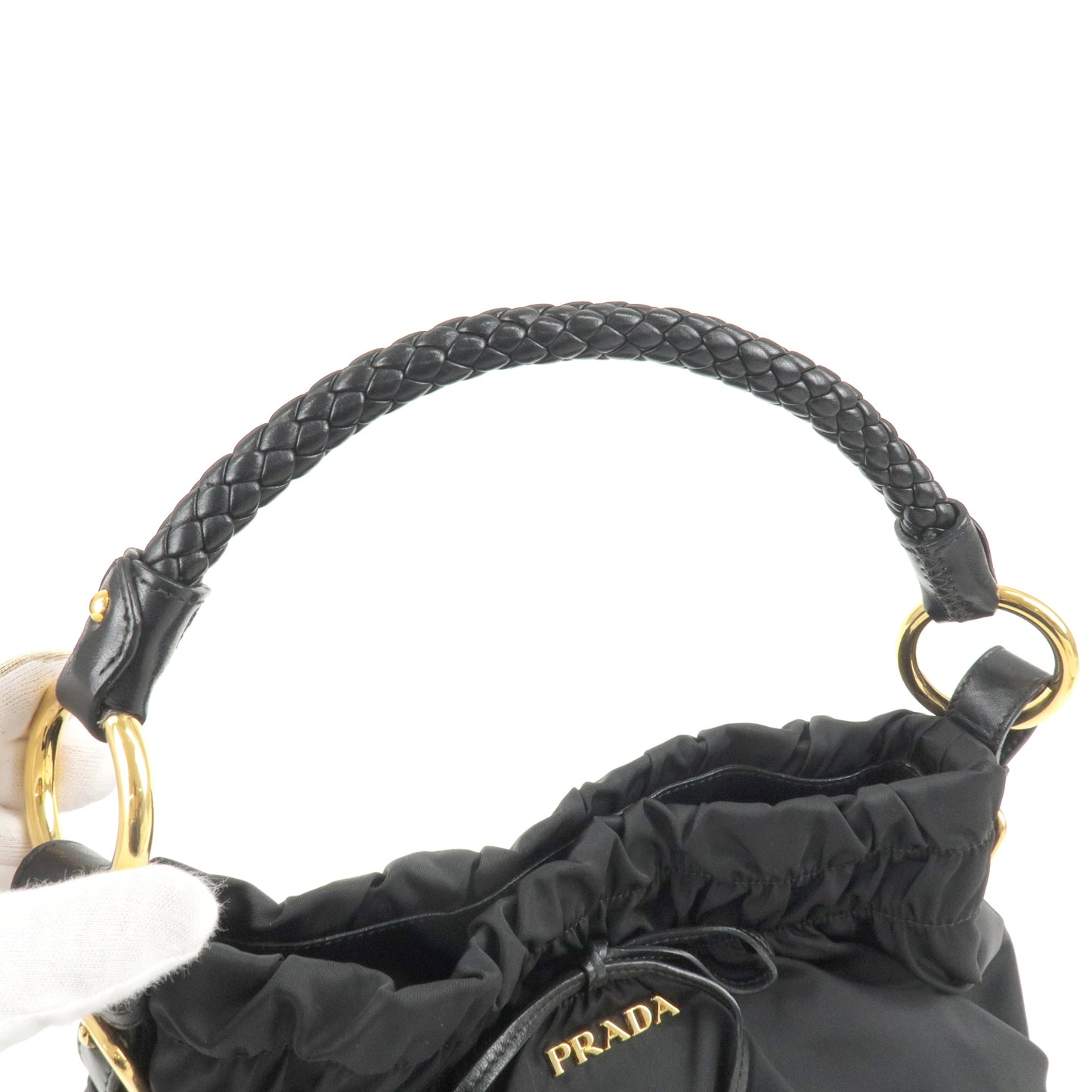 Prada Logo Nylon Leather Shoulder Bag Hand Bag NERO Black