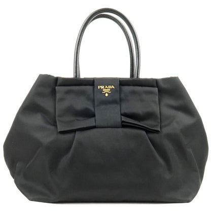 Prada Logo Nylon Leather Ribbon Tote Bag NERO Black BN1601