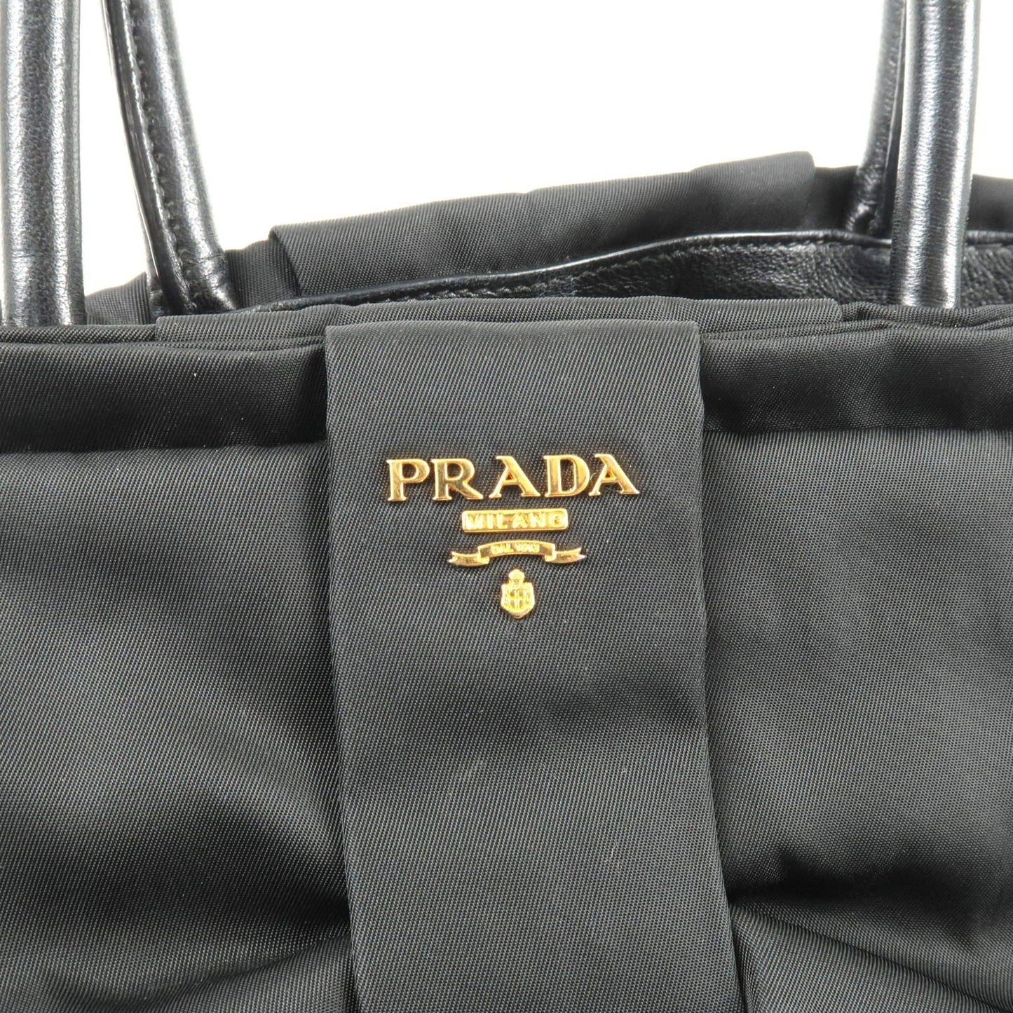 Prada Logo Nylon Leather Ribbon Tote Bag NERO Black BN1601