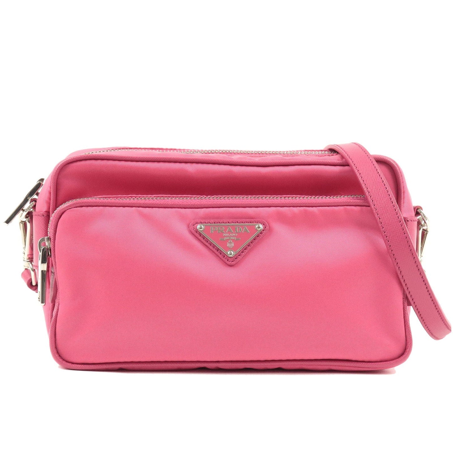 Prada Logo Nylon Leather Crossbody Shoulder Bag FUXIA Pink BT1010