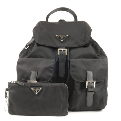 Prada Logo Nylon Leather Ruck Sack Back Pack Bag Black 1BZ811