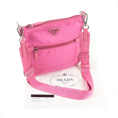 Prada Logo Nylon Leather Shoulder Bag Pink 1BH716