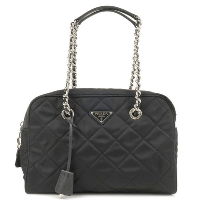 Prada Nylon Leather Quilting Chain Shoulder Bag Black 1BB903