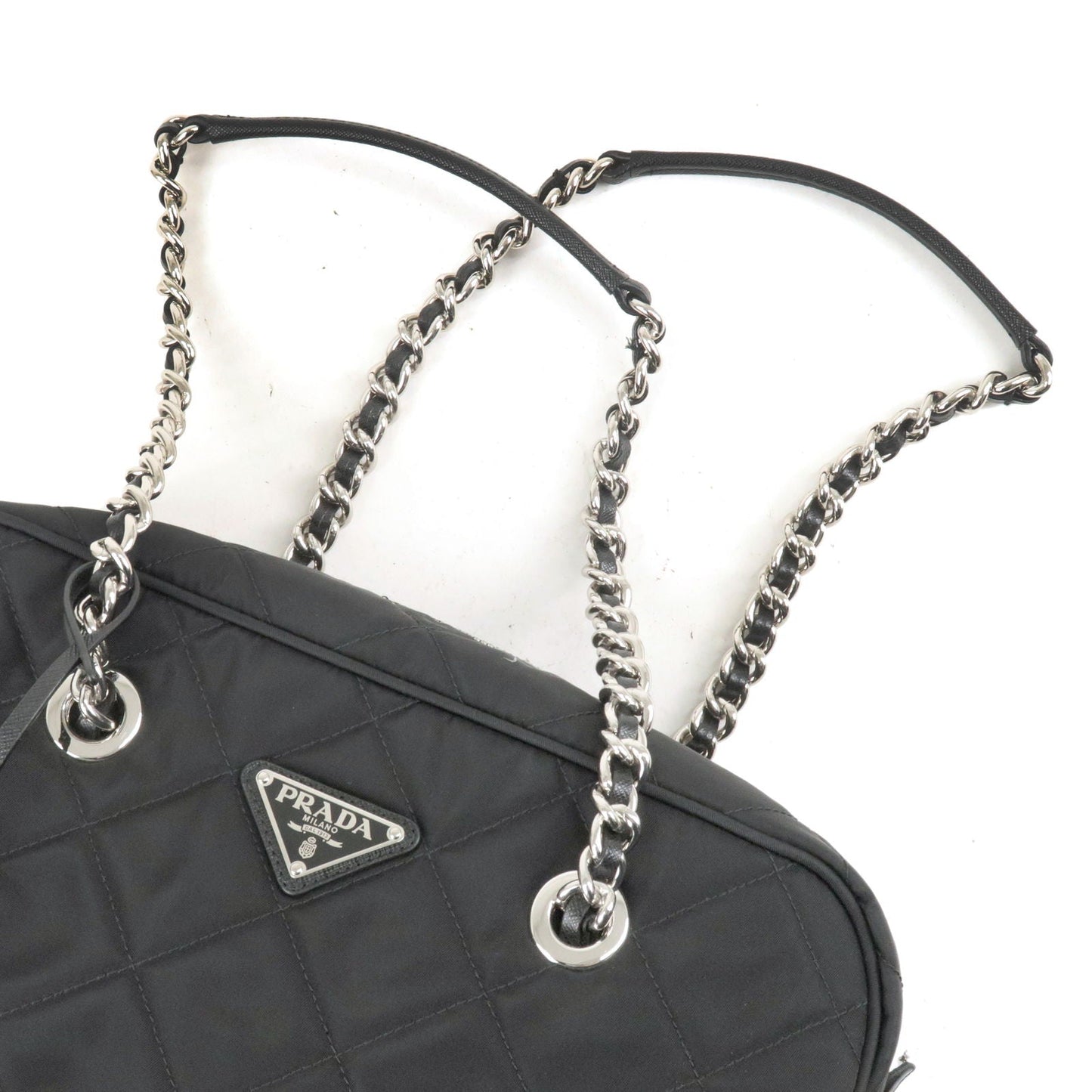 Prada Nylon Leather Quilting Chain Shoulder Bag Black 1BB903