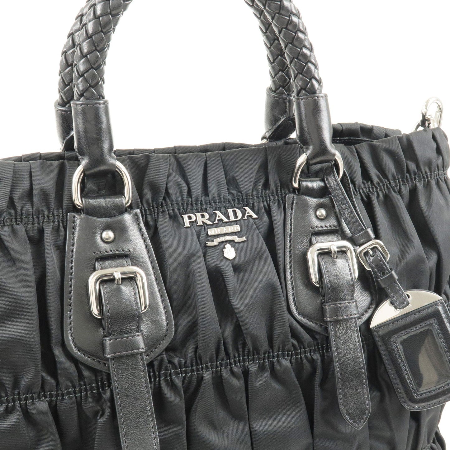 Prada Nylon Leather Gather 2Way Bag Hand Bag Black BN1702