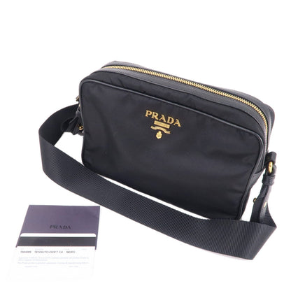 Prada Logo Nylon Leather Shoulder Bag NERO Black Gold 1BH089