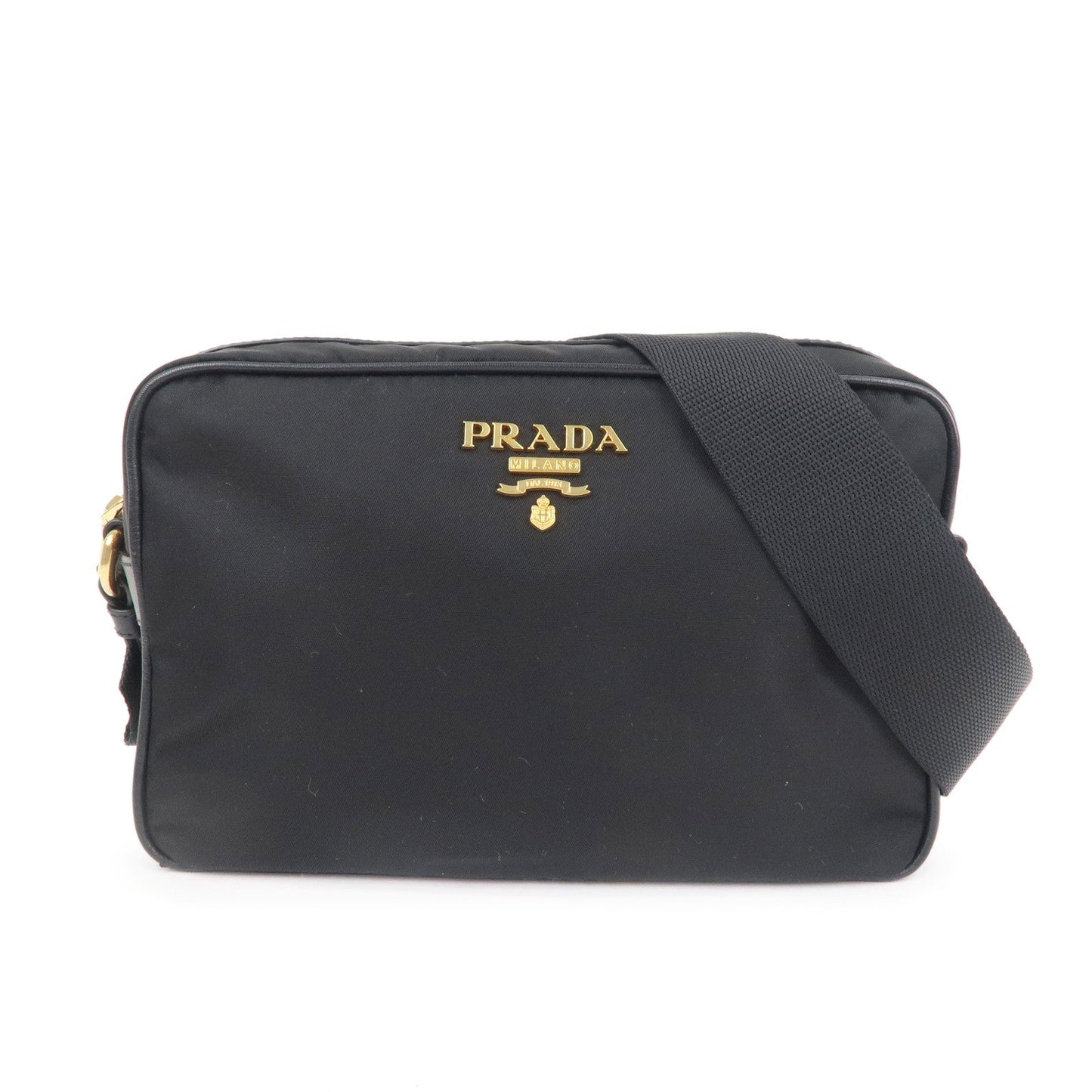 Prada Logo Nylon Leather Shoulder Bag NERO Black Gold 1BH089