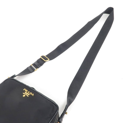 Prada Logo Nylon Leather Shoulder Bag NERO Black Gold 1BH089