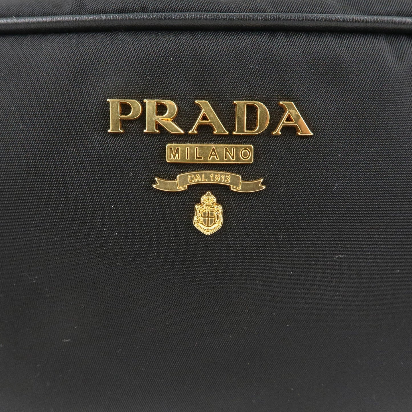 Prada Logo Nylon Leather Shoulder Bag NERO Black Gold 1BH089