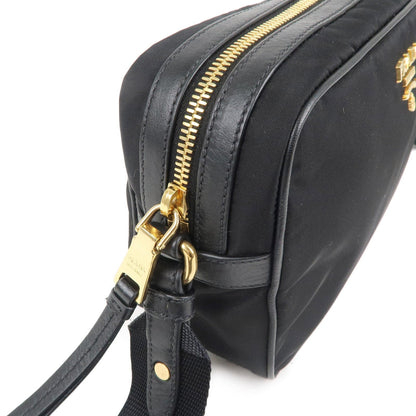 Prada Logo Nylon Leather Shoulder Bag NERO Black Gold 1BH089