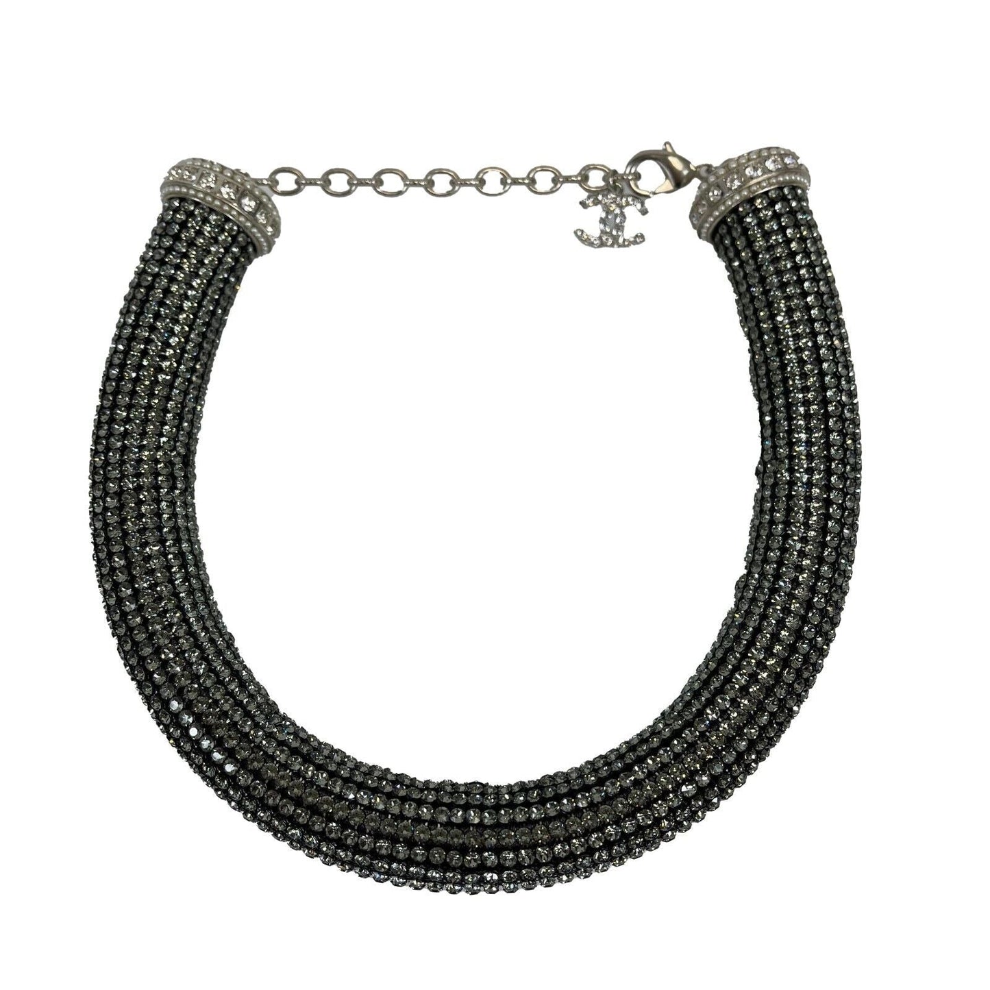 CHANEL - 17K CC Rhinestone Crystal Choker Necklace - Black / Silver