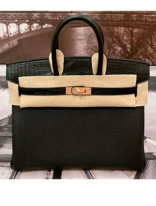 Hermes Birkin 25 Black Matte Alligator and Togo Touch Rose Gold Hardware