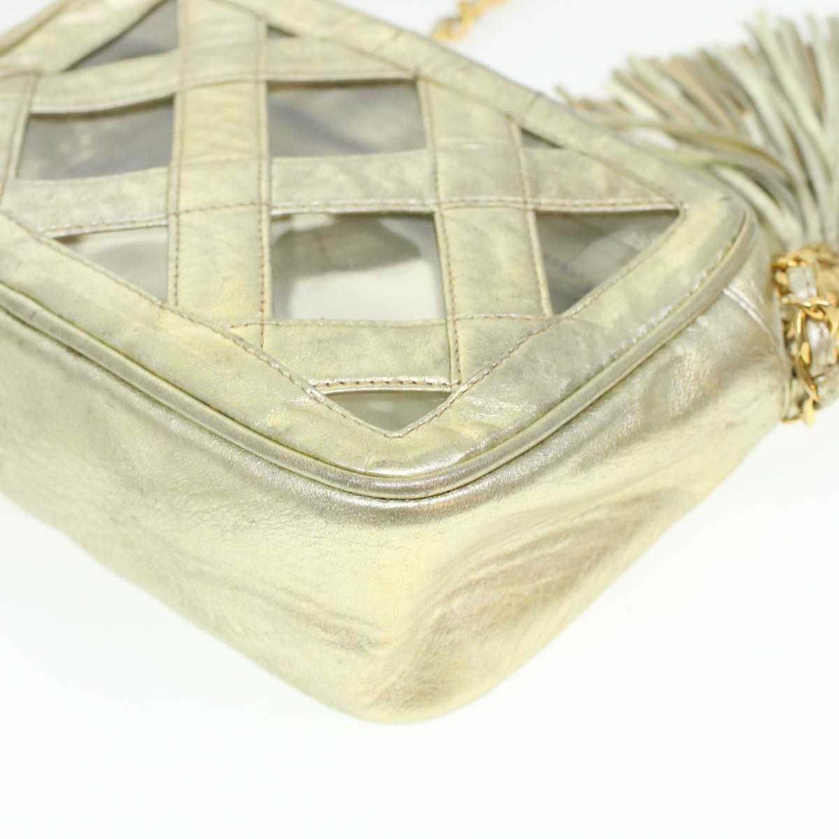 CHANEL Fringe Chain Shoulder Bag Lamb Skin Gold CC   44673