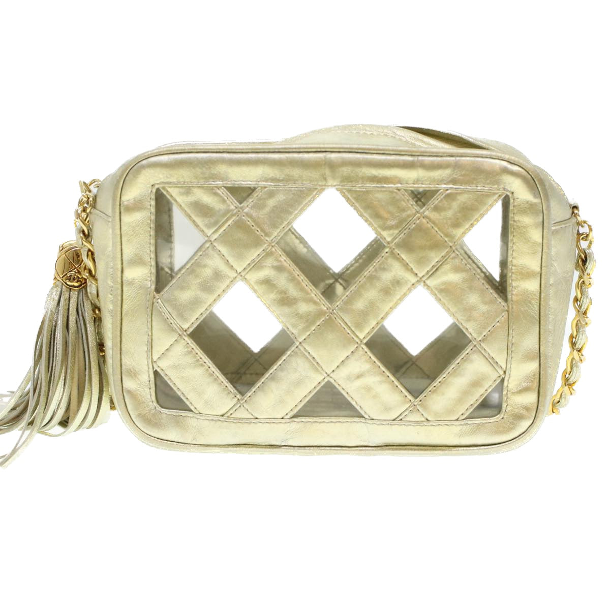 CHANEL Fringe Chain Shoulder Bag Lamb Skin Gold CC   44673