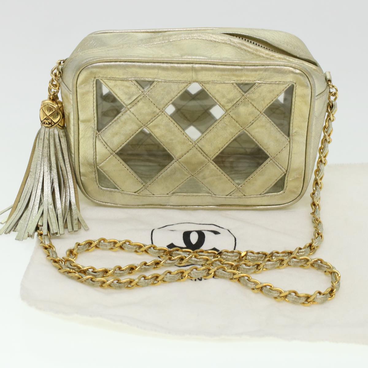 CHANEL Fringe Chain Shoulder Bag Lamb Skin Gold CC   44673