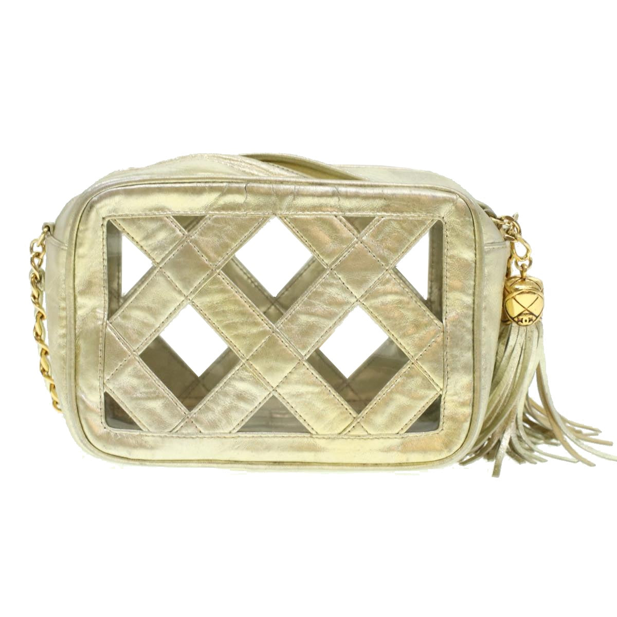 CHANEL Fringe Chain Shoulder Bag Lamb Skin Gold CC   44673