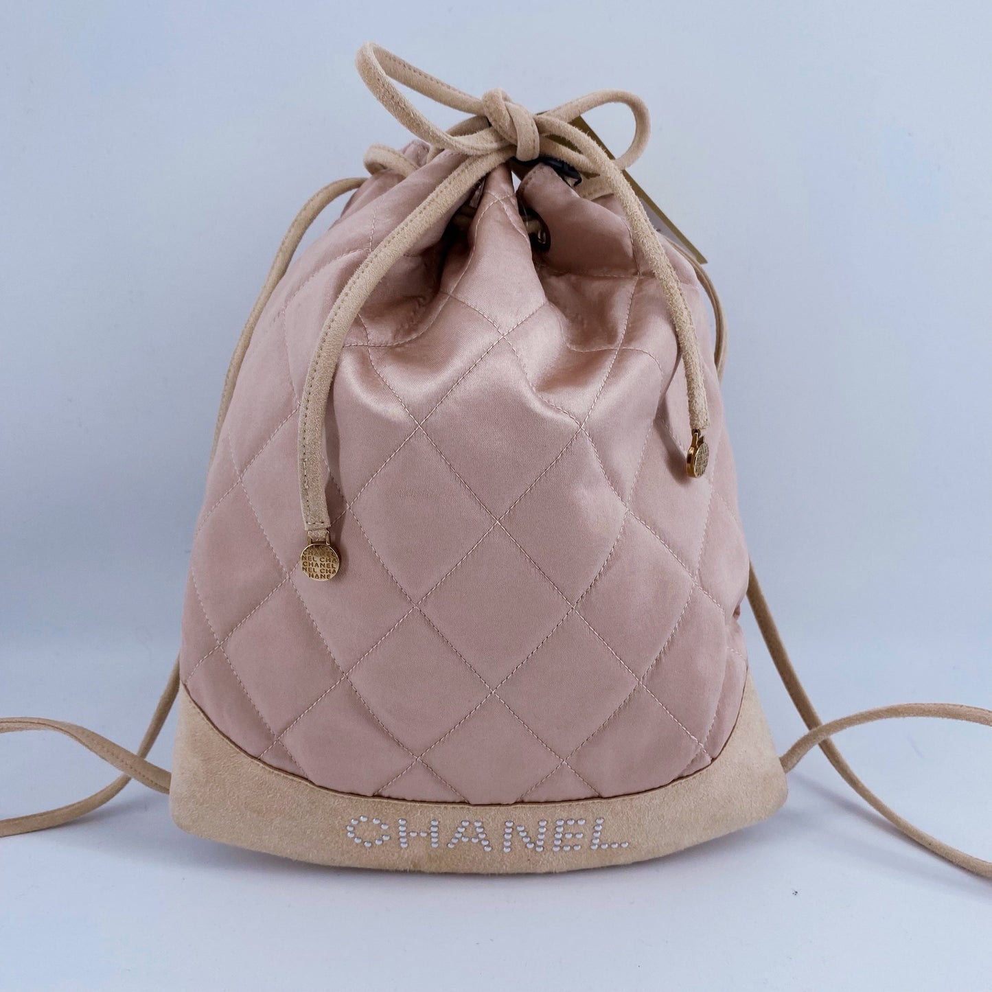 CHANEL Vintage Quilted Satin and Suede Drawstring Backpack