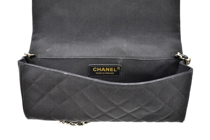 CHANEL - Camellia Black Satin Pochette Bag - Gold Chain Strap Quilted