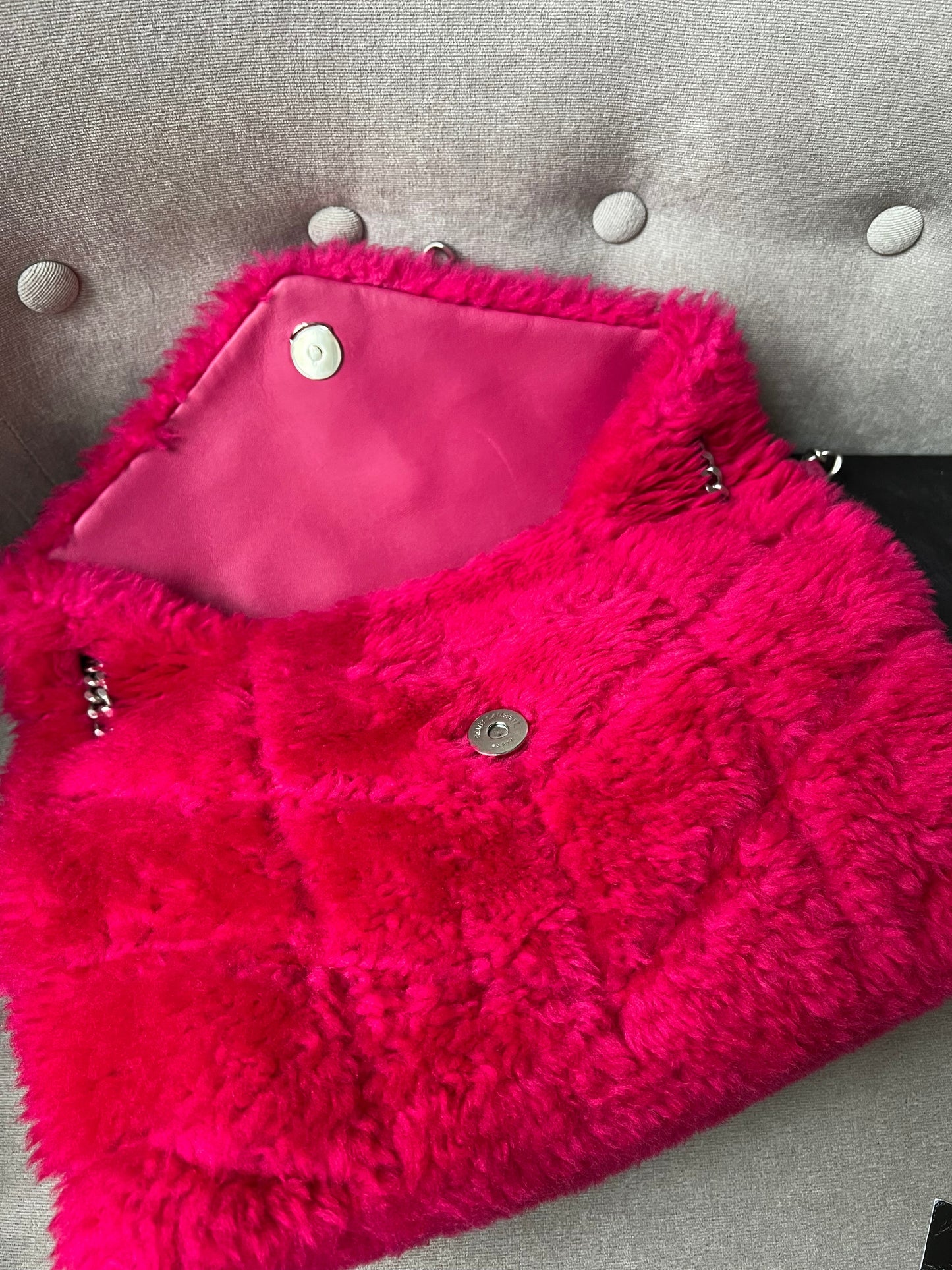 Yves Saint Laurent (YSL) Small Puffer in Pink Shearling with Silver Hardware