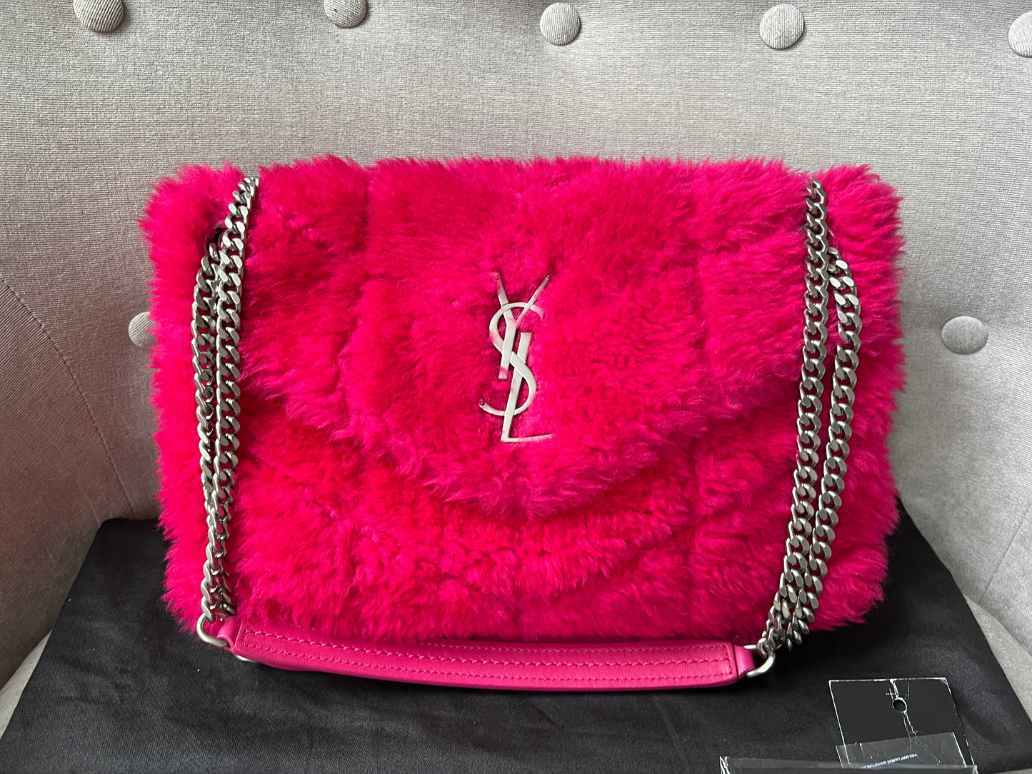 Yves Saint Laurent (YSL) Small Puffer in Pink Shearling with Silver Hardware