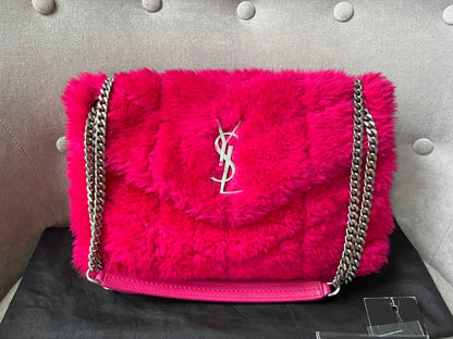 Yves Saint Laurent (YSL) Small Puffer in Pink Shearling with Silver Hardware