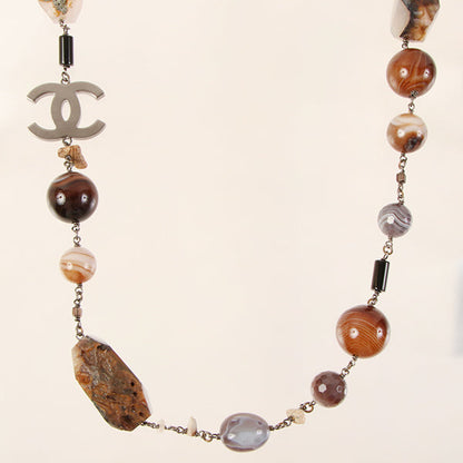 CHANEL 2010 Made Cc Mark Stone Long Necklace Brown/Multi